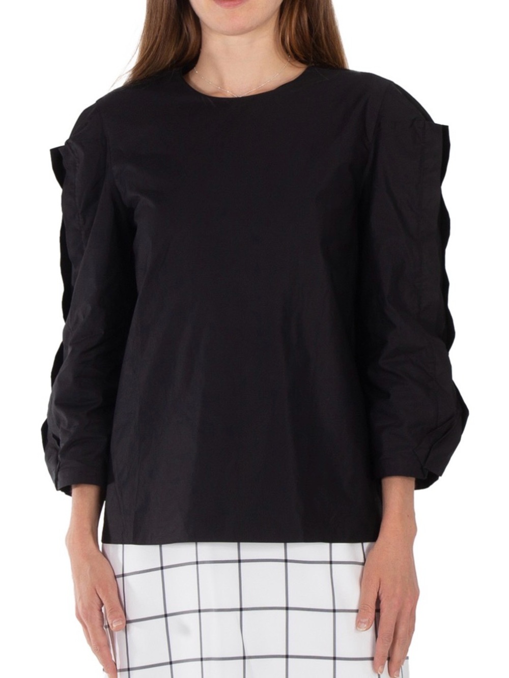NWT Tibi mendini twill black shirred long sleeved top size 4
